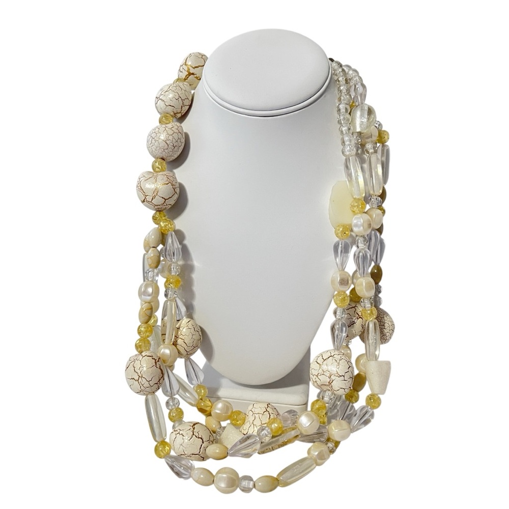 Multi Strand Necklace Cream and Goldtone crackle Beaded Yellow and Clear Accents